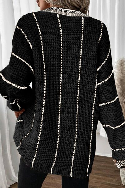 Cozy Black Colorblock Striped V-Neck Sweater for Women - Effortless Loose Fit Perfect for Fall and Winter Fashion