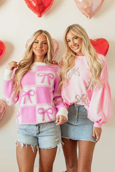 Cozy Light Pink Oversized Pullover Sweatshirt for Women with Embroidered Bow and Trendy Lantern Sleeves