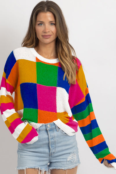 Cozy Women's Orange Checkered Color Block Sweater - Loose Fit Round Neck Knit Top for Effortless Casual Chic