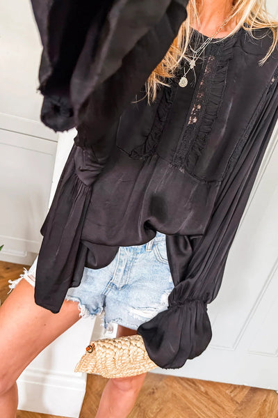 Elegant Black Silky Blouse for Women with Lace Frills and Long Sleeves - Perfect for Stylish Casual or Dressy Occasions