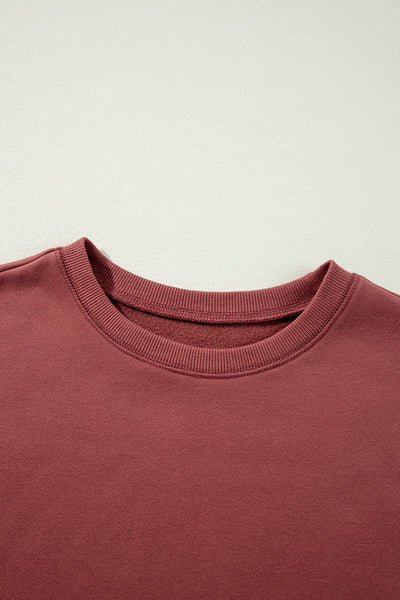 Cozy Women's Mineral Red Two-Tone Patchwork Drop Shoulder Sweatshirt - Effortless Everyday Casual Style
