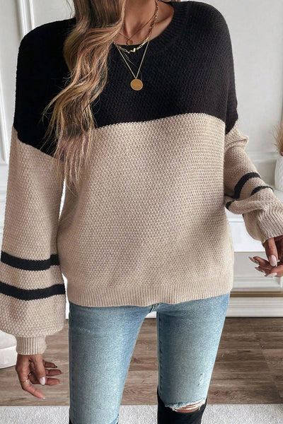 Cozy Parchment Color Block Sweater for Women with Striped Sleeves Effortless Casual Chic Knitwear for Any Occasion