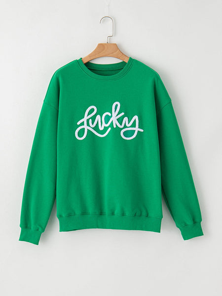 Lucky Green Alphabet Embroidered Chenille Crewneck Sweatshirt