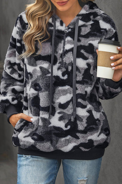 Women's Gray Camouflage Sherpa 1/4 Zip Fleece Hoodie