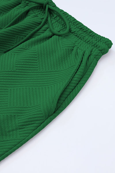 Women's Dark Green Textured Lounge Set - Relaxed Fit T-Shirt & Drawstring Pants for Cozy Everyday Comfort