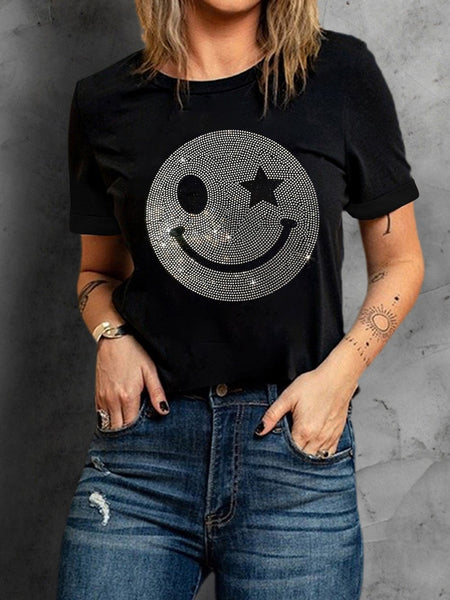 Sparkling Black Rhinestone Smile Face Sequin Graphic Tee