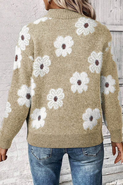 Women's Casual Khaki Floral Half-Zip Sweater with Drop Shoulders - Chic Knit Top for Everyday Comfort and Style