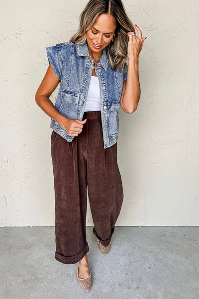 Trendy Women's Blue Acid Wash Denim Vest with Elastic Hem & Button Closure - Stylish Casual Layering Essential