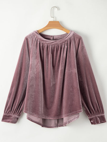 Velvet Keyhole Back Swing Blouse in Rose Tan