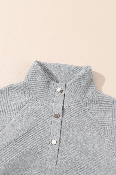 Cozy Women's Light Grey Textured Knit Sweatshirt with Buttoned Detail & Kangaroo Pocket for Casual Chic Style