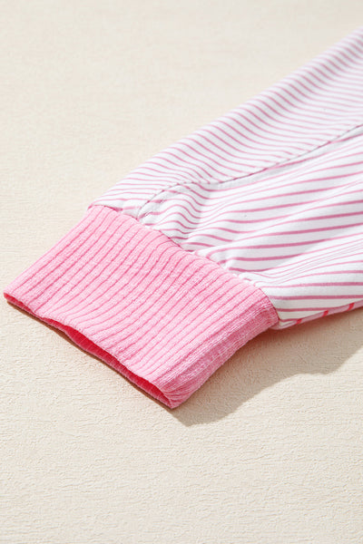 Women's Sachet Pink Patchwork Striped Long Sleeve Knit Top