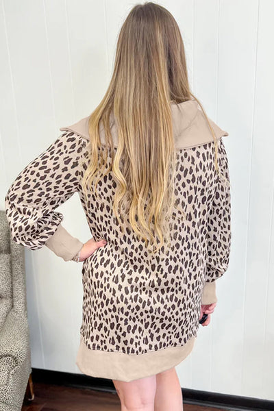Women's Khaki Leopard Print Mini Dress with Zip-Up Collar and Patchwork Detail Trendy Shift Style for Every Occasion