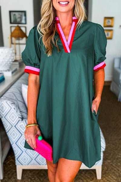 Women's Evergreen Contrast Striped Notched V Neck Puff Sleeve Mini Dress made for easy styling and wardrobe coordination, with premium-like structure