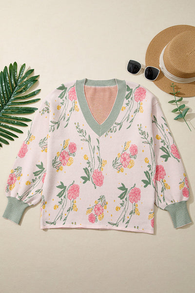 Women's Floral V-Neck Viscose Blend Knit Sweater in Soft Pink