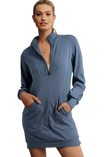 Women's Ivy Ribbed Zip-Up Sweatshirt Dress in Steel Blue