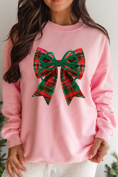 Women's Plaid Bow Graphic Pink Sweatshirt | Cotton-Blend Holiday Top