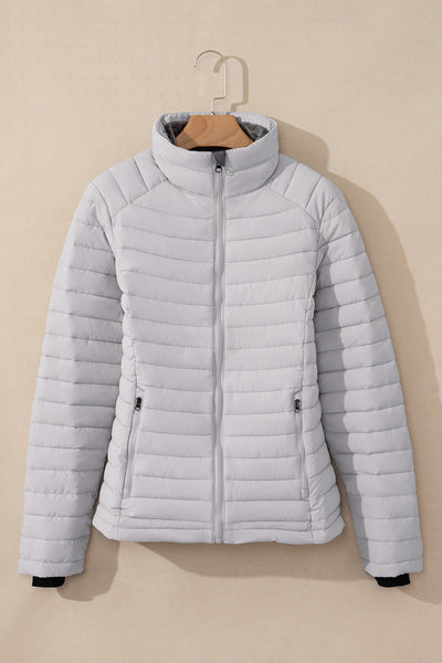 Stylish Women's Silver Quilted Puffer Jacket - Trendy Zip-Up Outerwear for Cold Weather with Comfortable Fit