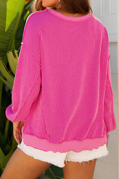 Women's Pink Festive Santa Patch Ribbed Long Sleeve Graphic Top