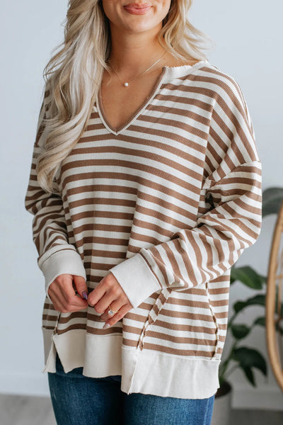 Chic Women's Khaki Striped V-Neck Casual Top with Drop Shoulders and Side Slits for Effortless Everyday Style