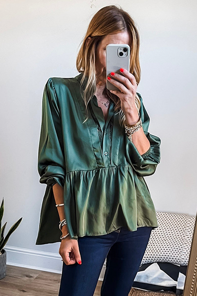 Elegant Mist Green Satin Peplum Blouse for Women with Lace Neckline & 3/4 Sleeves - Chic Casual Elegance