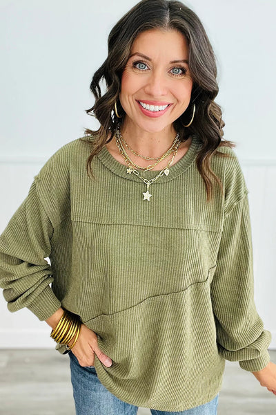 Women's Stylish Laurel Green Ribbed Knit Long Sleeve Top with Exposed Seams & Trendy Patchwork Design