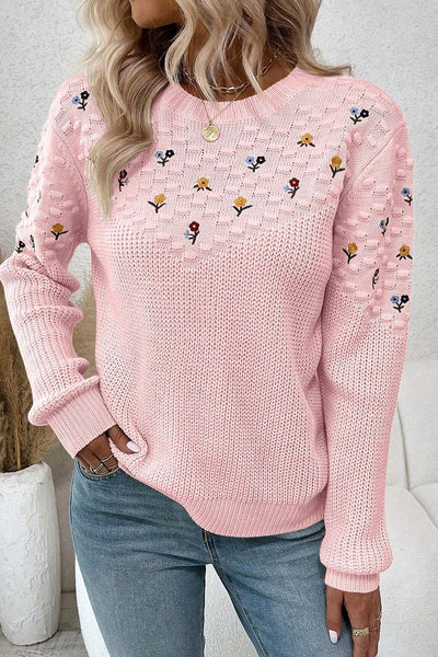 Light Pink Women's Casual Sweater with Textured Knit and Floral Embroidery Ideal for Everyday Chic Style