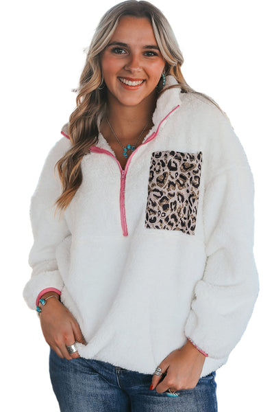 Snow Leopard Half-Zip Fleece Sweatshirt with Patch Pocket