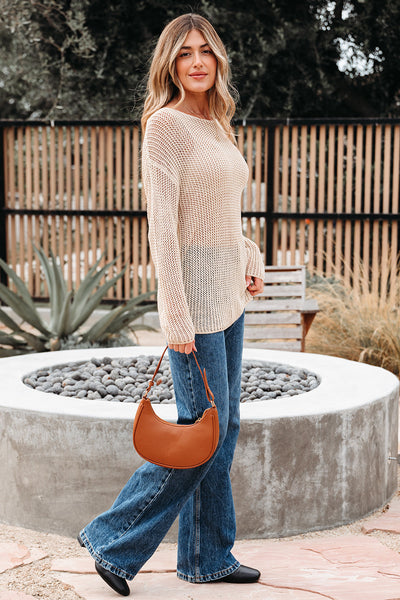 Women's Apricot Open-Knit Mesh Sweater with Long Sleeves