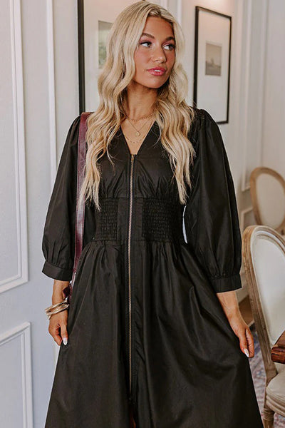 Chic Women's Black Fit and Flare Midi Dress with Smocked Waist and Zipped Front, Perfect for Any Occasion