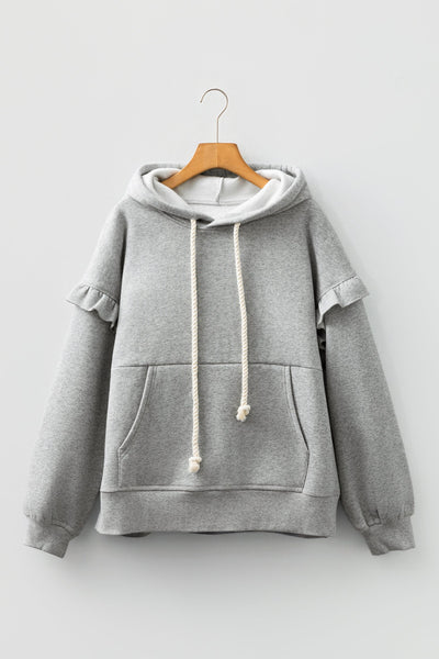 Women's Heather Gray Ruffle Shoulder Hoodie Sweatshirt