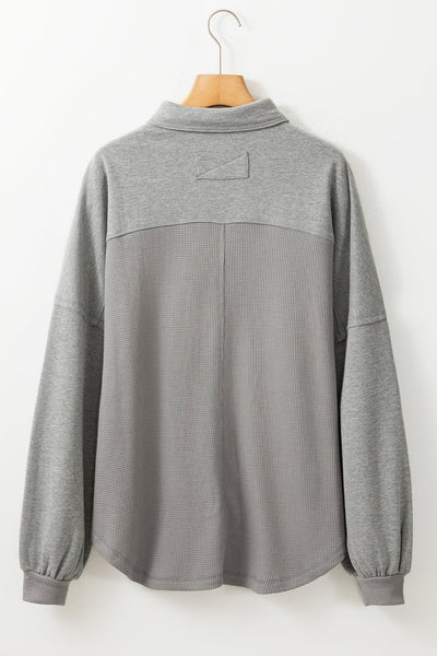 Women's Grey Mixed-Texture Waffle Knit Shacket with Exposed Seams