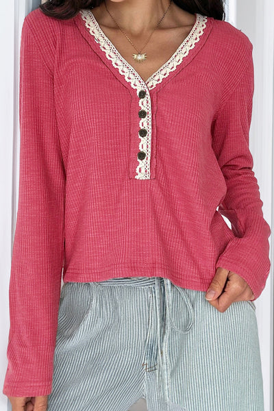 Women's Racing Red Ribbed Long Sleeve Lace V-Neck Henley Top