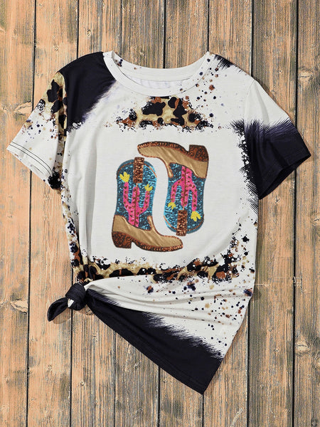 Leopard Cowboy Boots Graphic T Shirt with Sequin Cactus Detail