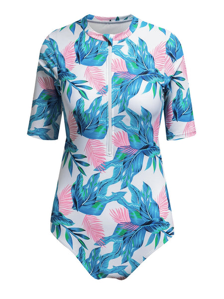 Women's Floral Print Zip Front Half Sleeve Beach One Piece Swimsuit