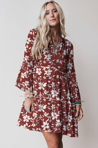 Women's Terracotta Boho Floral Mini Dress with Lettuce Trim