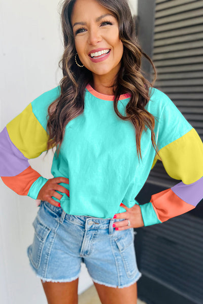 Casual Women's Light Blue Colorblock Long Sleeve Top - Comfortable Loose Fit Patchwork Design for Everyday Style