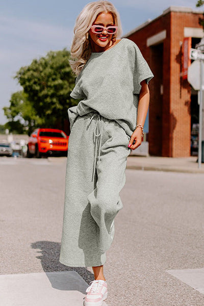 Women's Gray Textured Lounge Set Relaxed Fit T-Shirt & Drawstring Pants for Ultimate Comfort and Chic Style