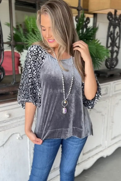 stylish women's medium grey leopard print velvet blouse with trendy lantern sleeves for a comfortable, chic look made for easy styling and wardrobe