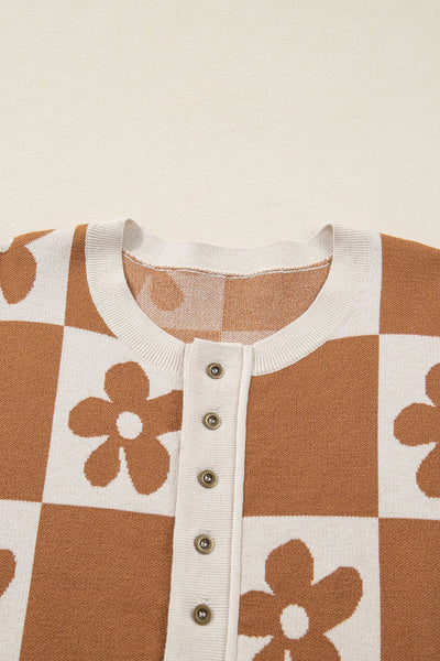 Women's Floral Checkerboard Viscose-Blend Henley Sweater