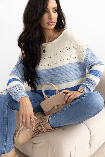Light Blue Puff Sleeve Sweater for Women - Chic Open Stitch Knit Top for Casual Style and Everyday Comfort