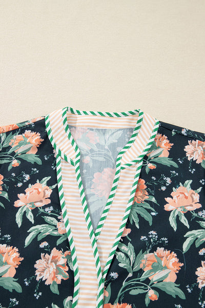 Stylish Women's Blue Floral Mini Dress with Striped Trim, V-Neck, Long Sleeves, and Ruffle Hem for Effortless Charm