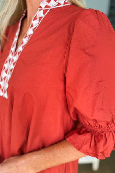Chic Women's Fiery Red Mini Dress with Flounced Half Sleeves, Embroidery Detail, and Trendy Split Neck Design
