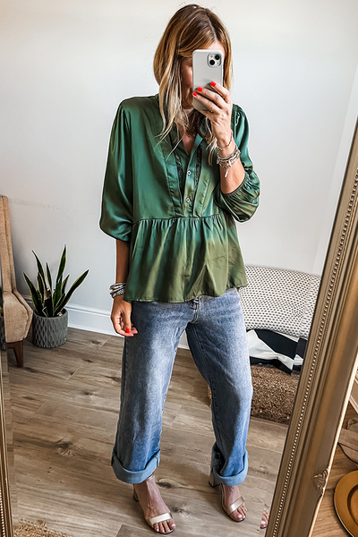 Elegant Mist Green Satin Peplum Blouse for Women with Lace Neckline & 3/4 Sleeves - Chic Casual Elegance