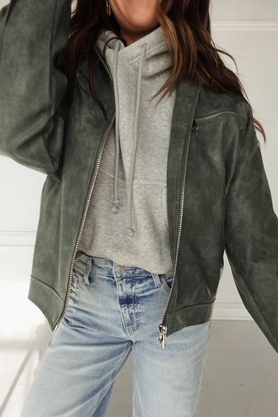 Chic Women's Vintage Green Faux Leather Jacket with Zip-Up Front and Buttoned Pleated Cuffs for Effortless Style