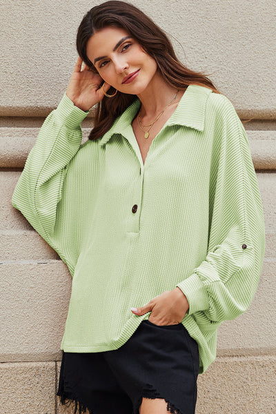 Aqua Oversized Ribbed Henley Top for Women with Roll-Up Sleeves - Stylish, Comfy, and Versatile for Everyday Wear
