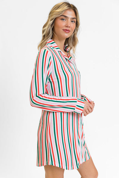 Cozy Women's Pink Stripe Long Sleeve Christmas Lounge Dress - Casual Holiday Style for Ultimate Comfort