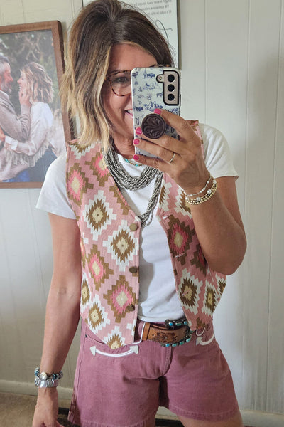Trendy Women's Pink Aztec Print Cropped Vest - Boho Layering Essential for Spring and Summer Fashion