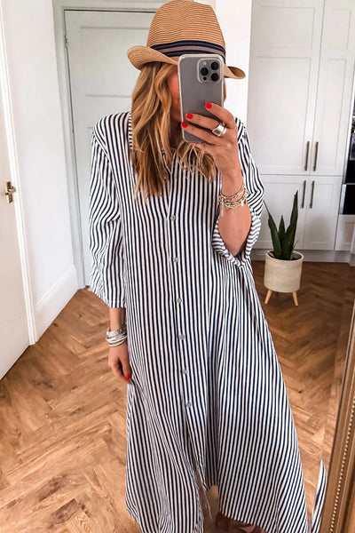 Women's Relaxed Fit Black Striped Maxi Dress with Side Pockets and Button-Up Closure for Effortless Chic Style