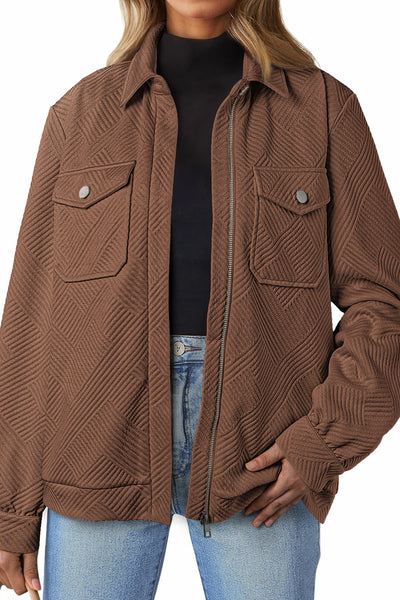 Women's Textured Coffee Zip-Up Shacket with Flap Pockets