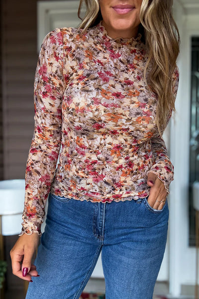 Women's Stylish Floral Print Mesh Long Sleeve Top with Red Lettuce Trim - Comfortable Casual Wear for Every Occasion